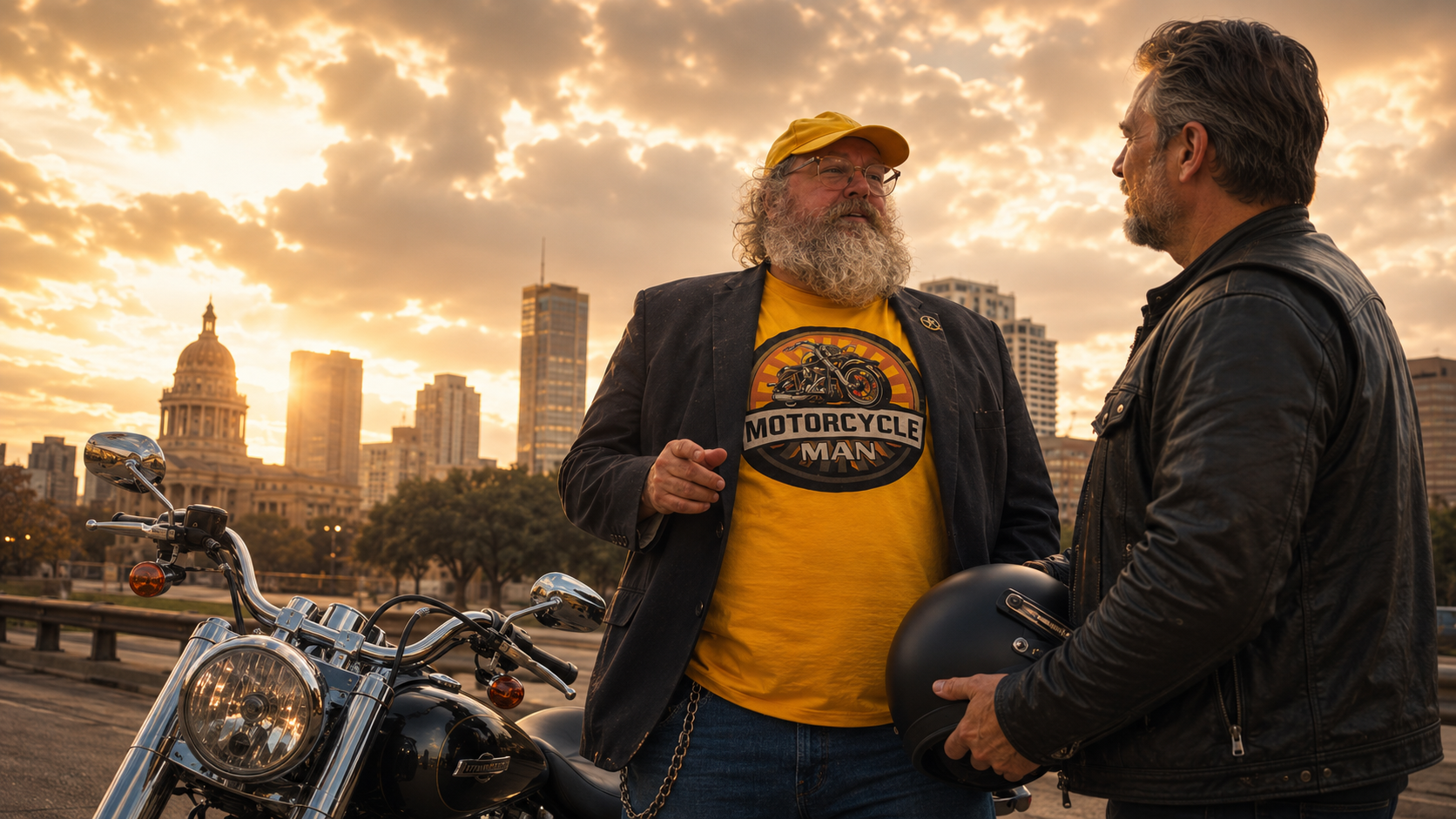 Motorcycle Man Johnny Day talking with a motorcycle rider after a crash