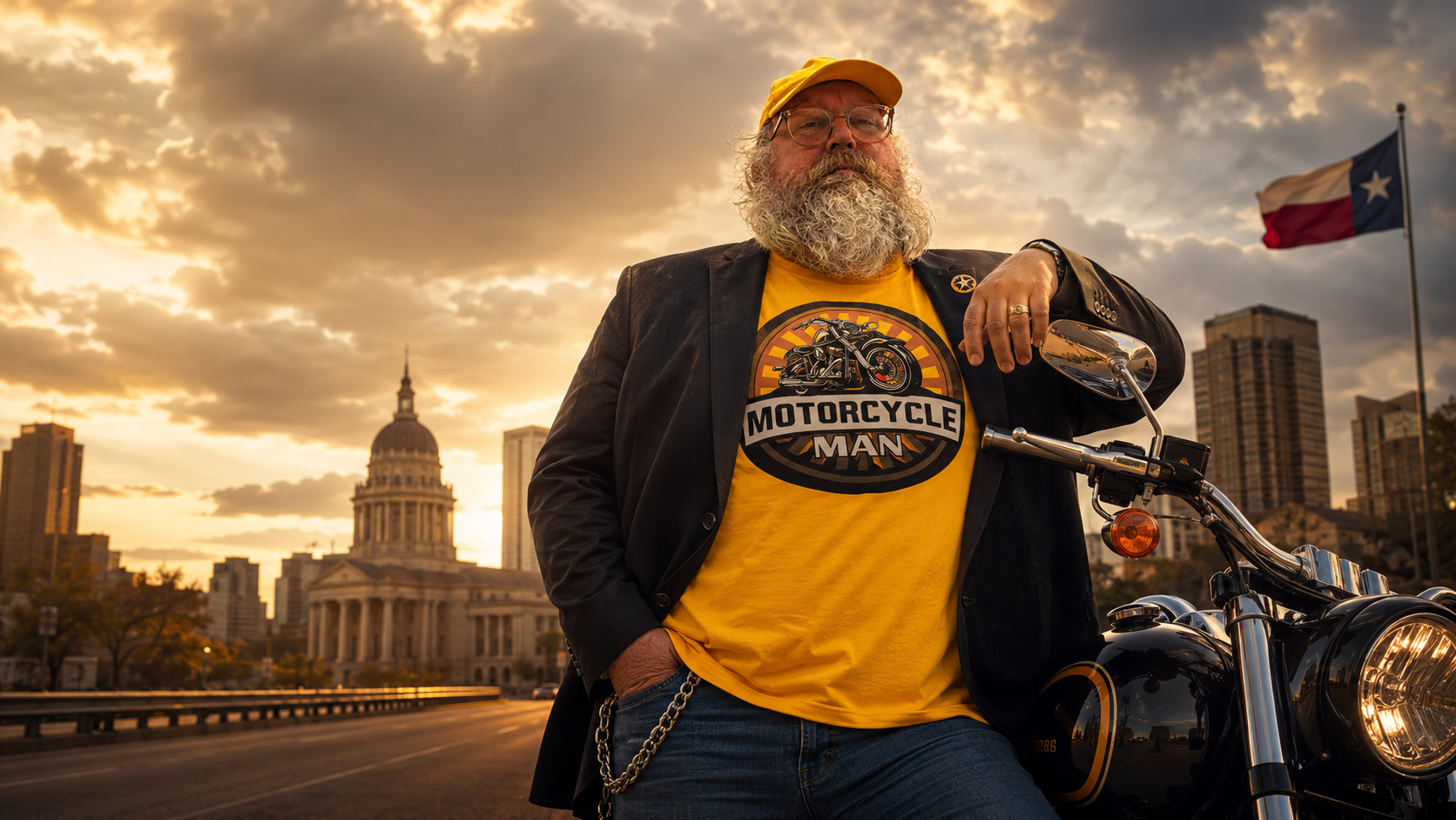 Motorcycle Man Johnny Day standing with a motorcycle in Texas