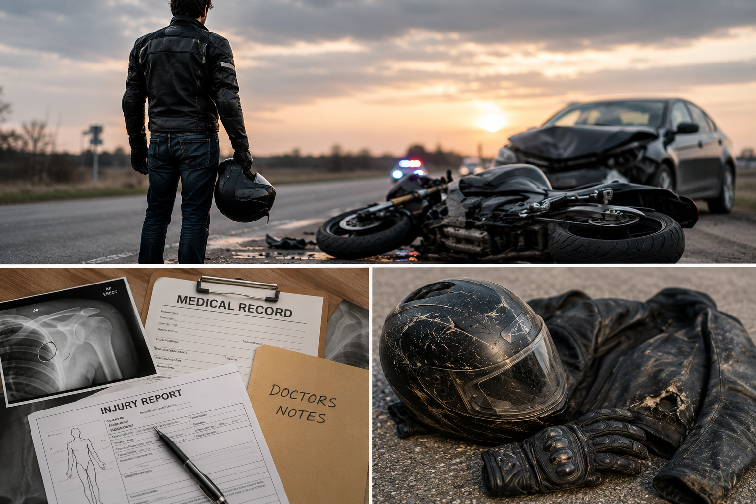 Damaged motorcycle helmet and riding gear after crash