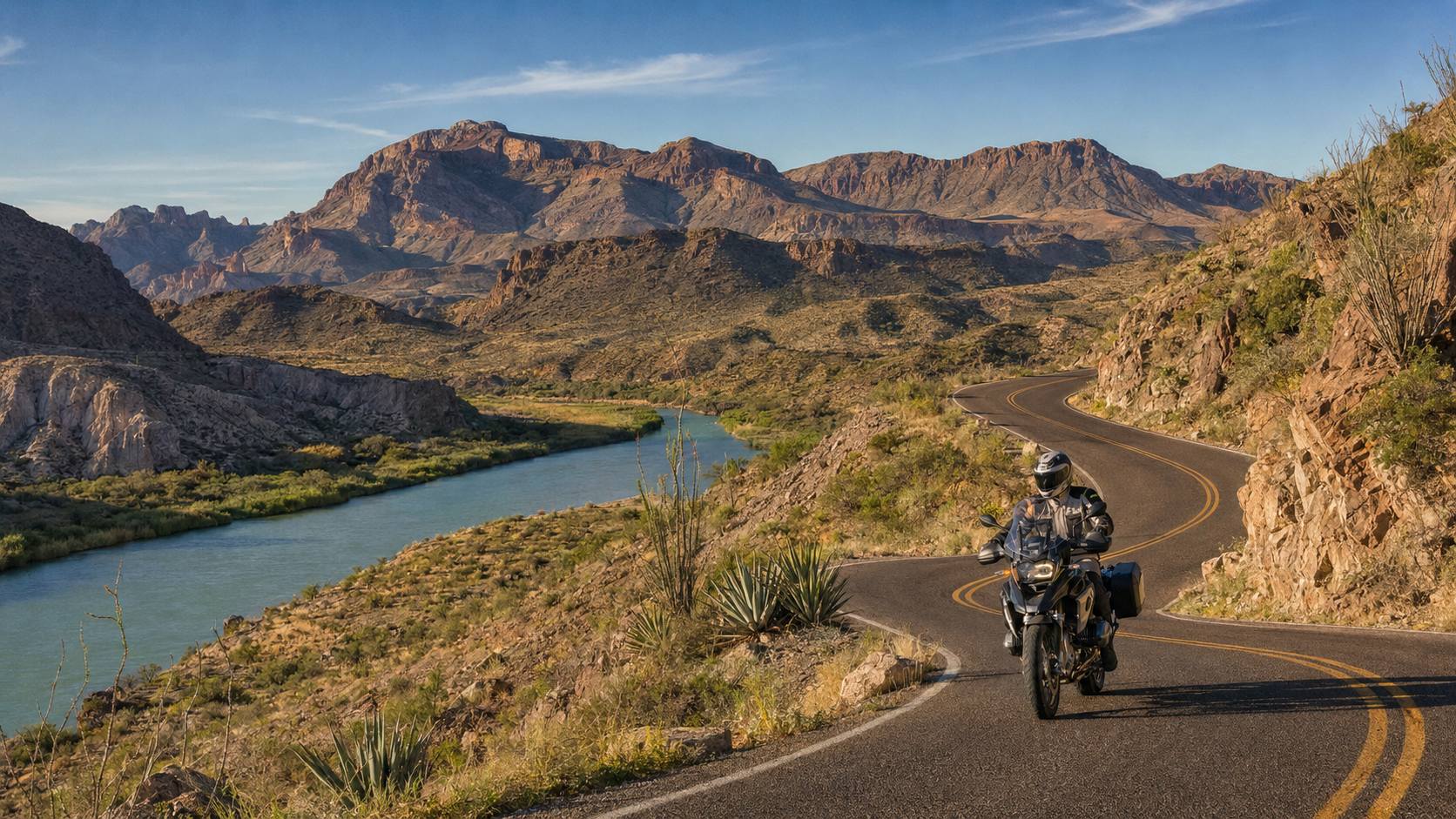 Motorcyclist riding FM 170 beside the Rio Grande in Big Bend, Texas