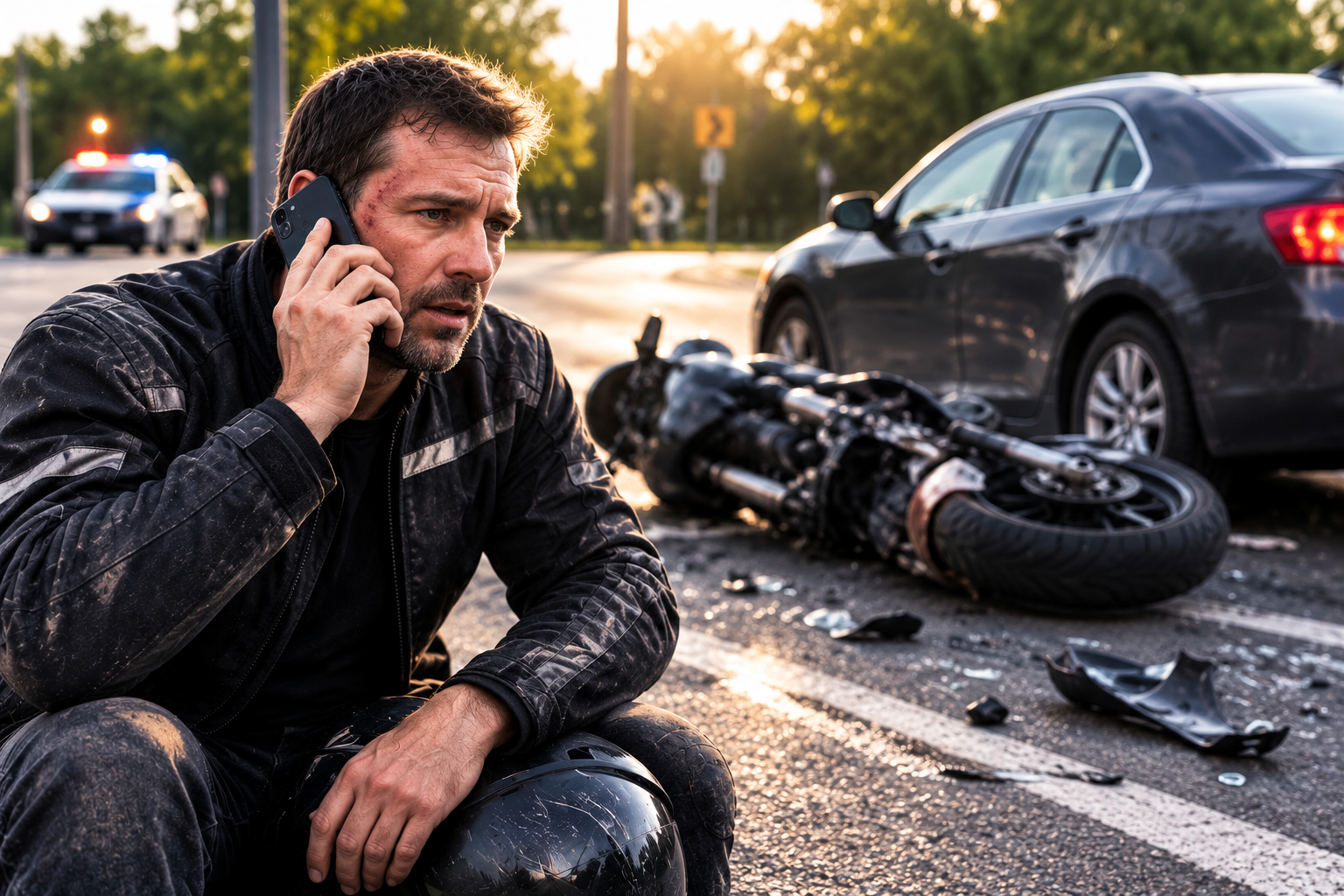 Injured motorcycle rider discussing a left-turn accident with an attorney