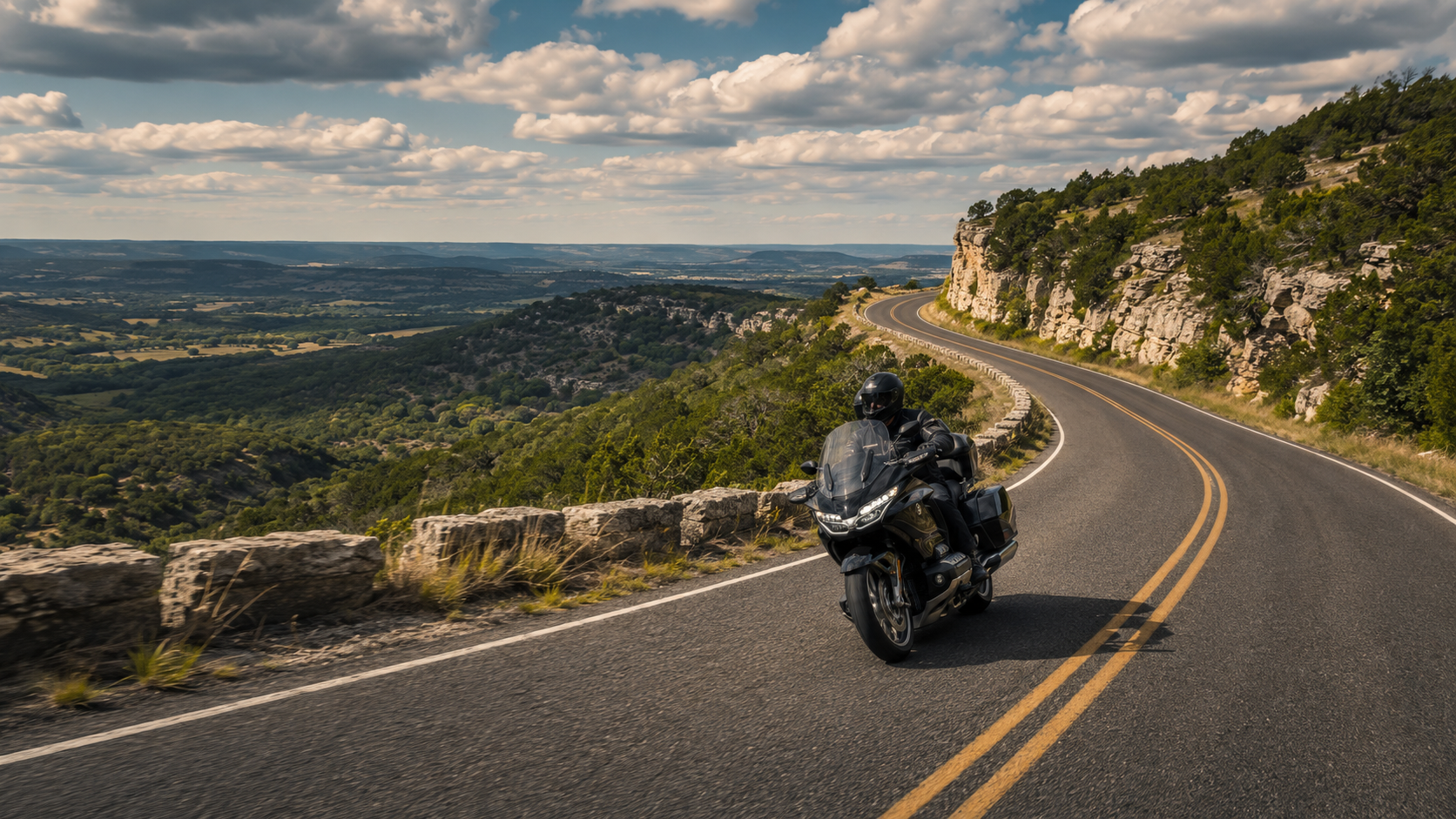 Motorcycle riding the Devil's Backbone in the Texas Hill Country