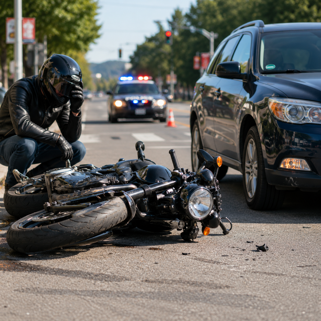 Motorcycle wreck scene showing why rider-focused legal representation matters
