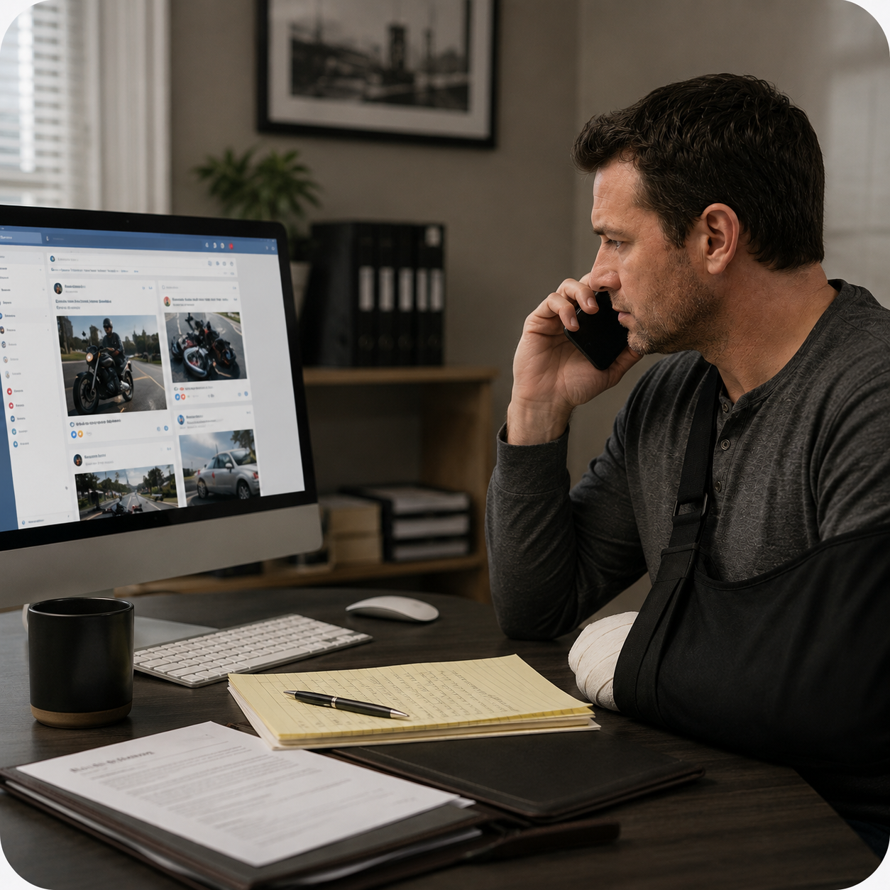 Motorcycle accident lawyer reviewing social media evidence with an injured rider