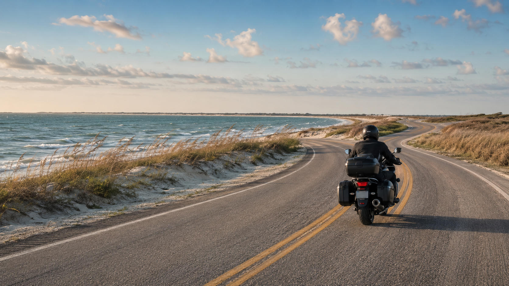 Motorcyclist riding along the Texas Gulf Coast near Galveston