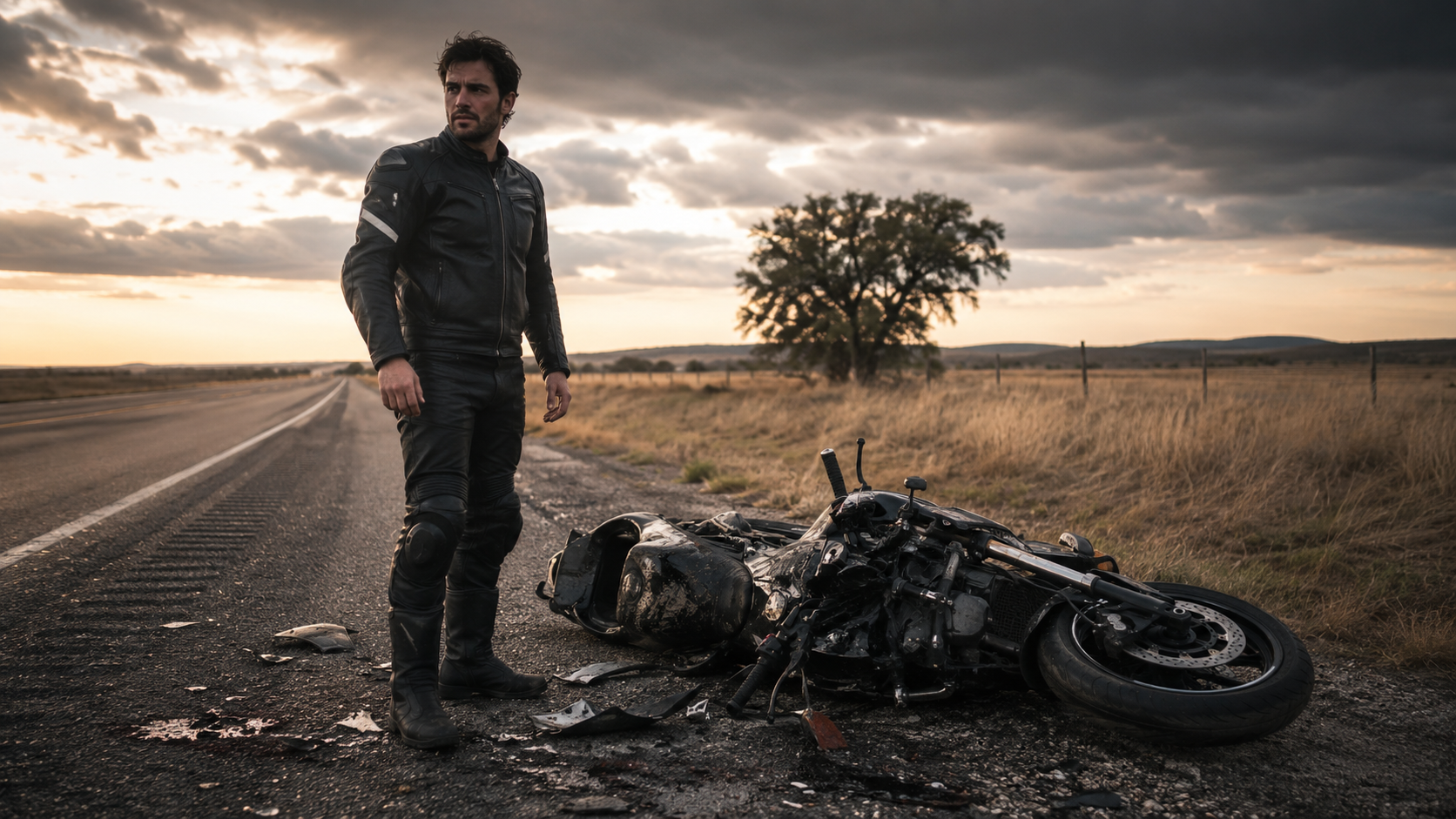 Motorcycle rider standing near wrecked motorcycle after crash