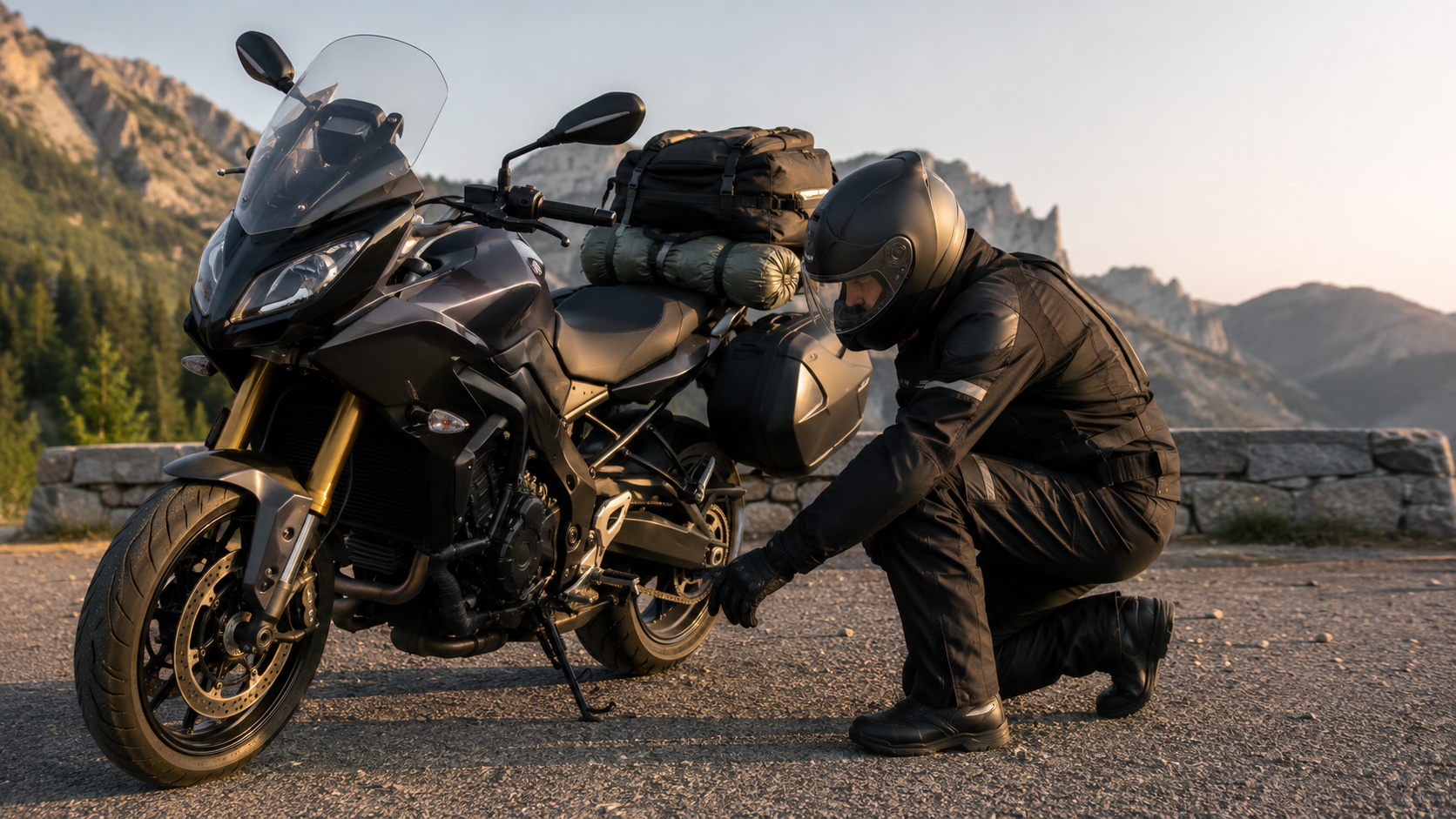 Motorcyclist inspecting the rear tire and luggage on a touring motorcycle before departure