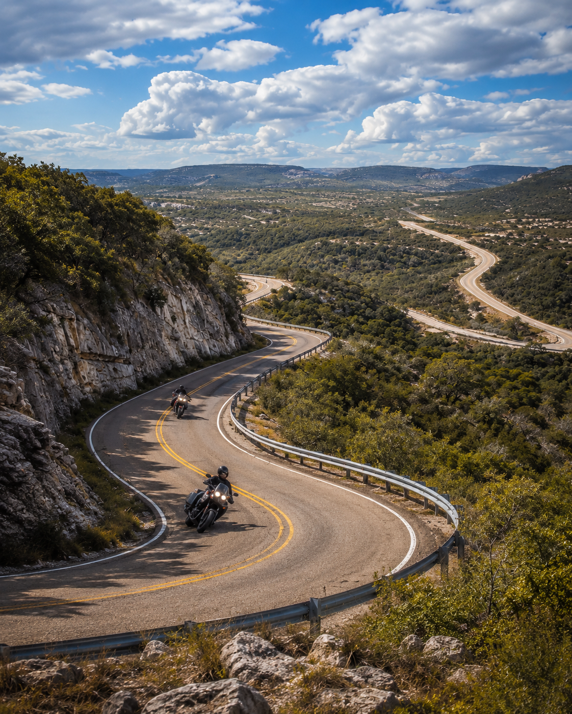 Motorcyclist riding the winding Three Sisters roads in the Texas Hill Country