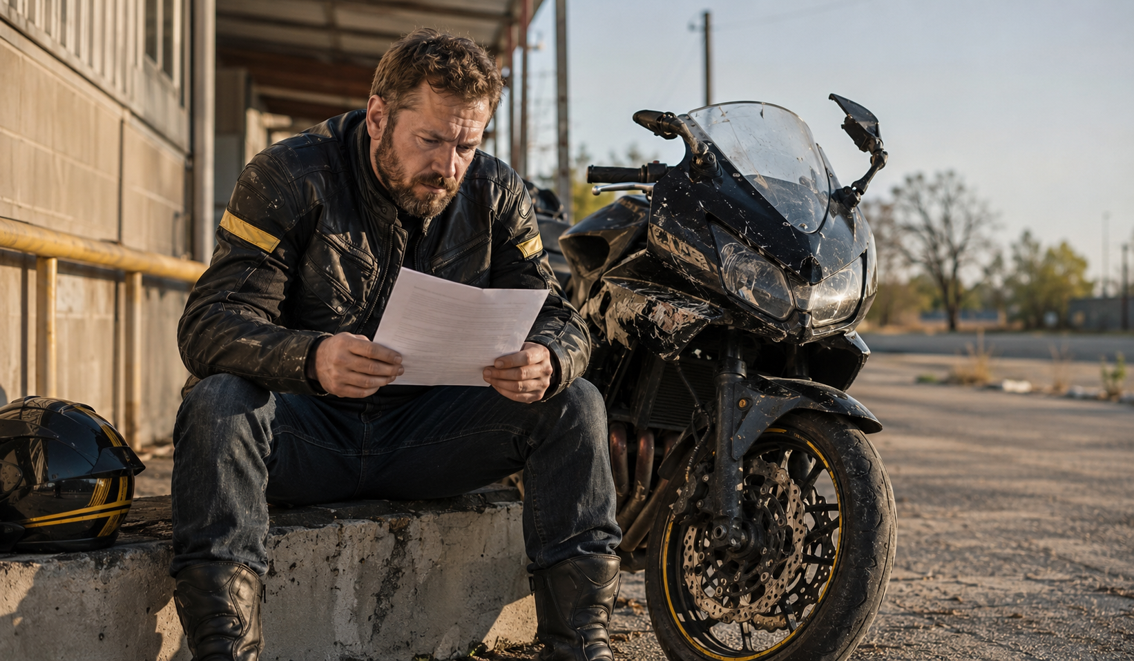 Texas motorcycle rider reviewing an insurance claim denial beside his damaged motorcycle