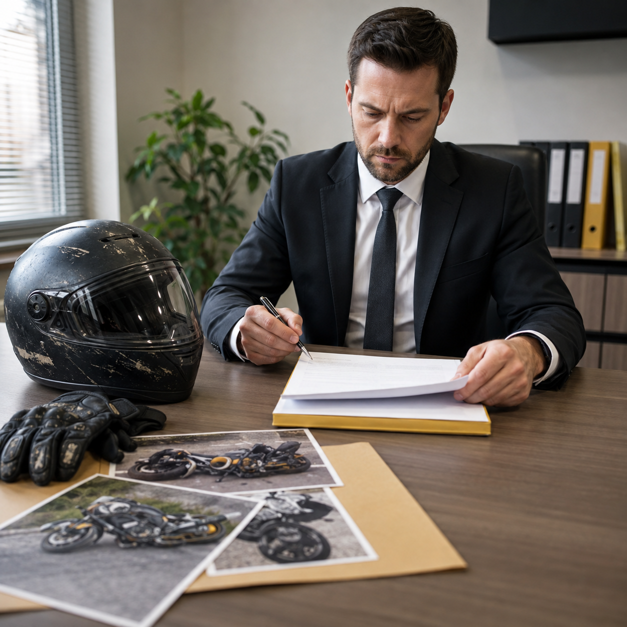 Insurance adjuster reviewing motorcycle crash evidence, including a damaged helmet and accident photographs