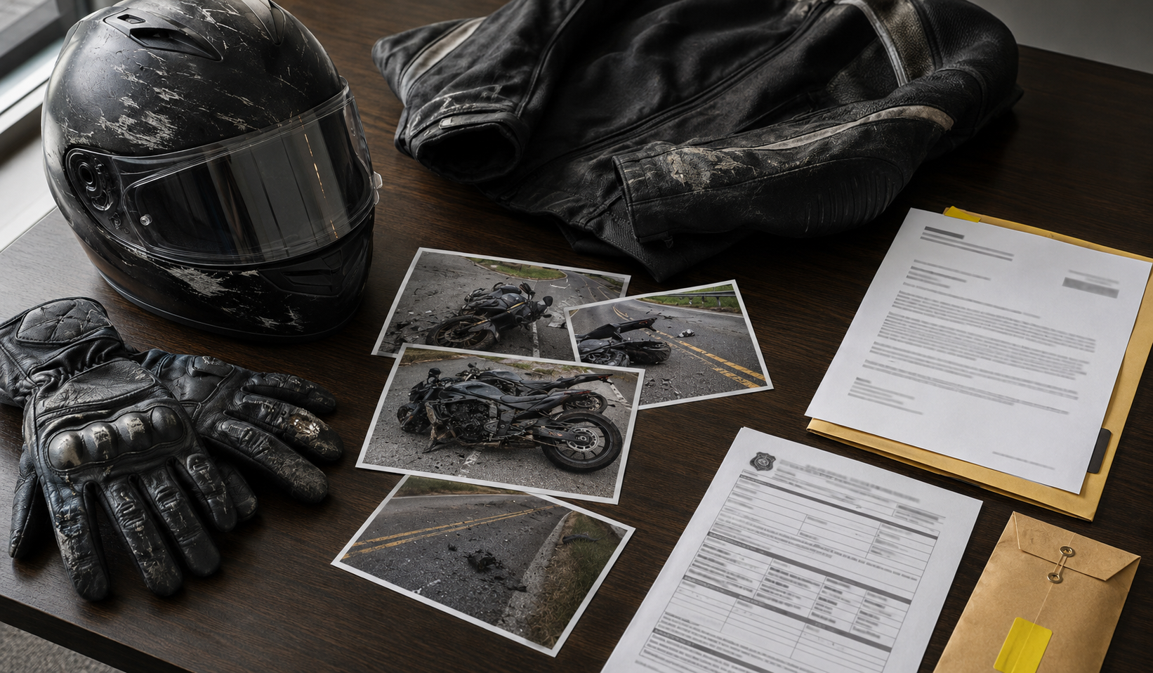 Helmet, damaged riding gear, crash photos, and documents used to challenge a denied motorcycle accident claim
