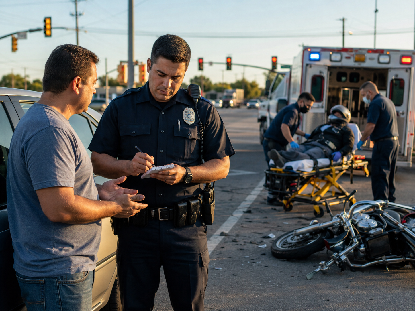 Police officer interviewing a driver while an injured motorcycle rider is taken to an ambulance