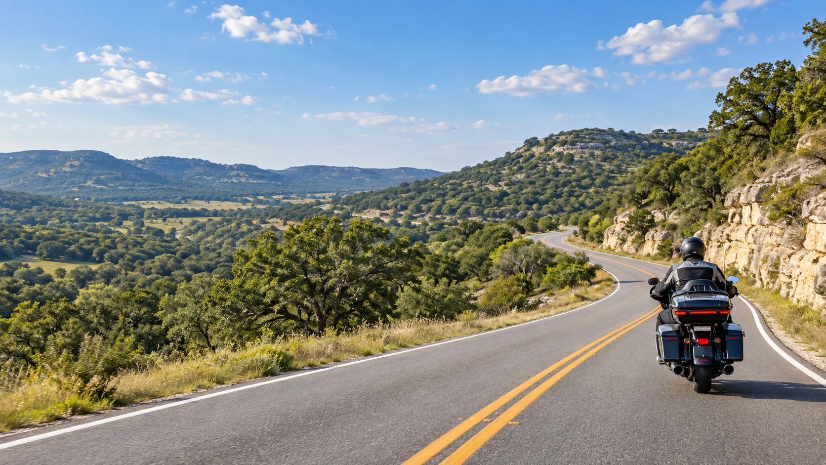 Limestone hills and wooded valleys along the Devil’s Backbone in the Texas Hill Country