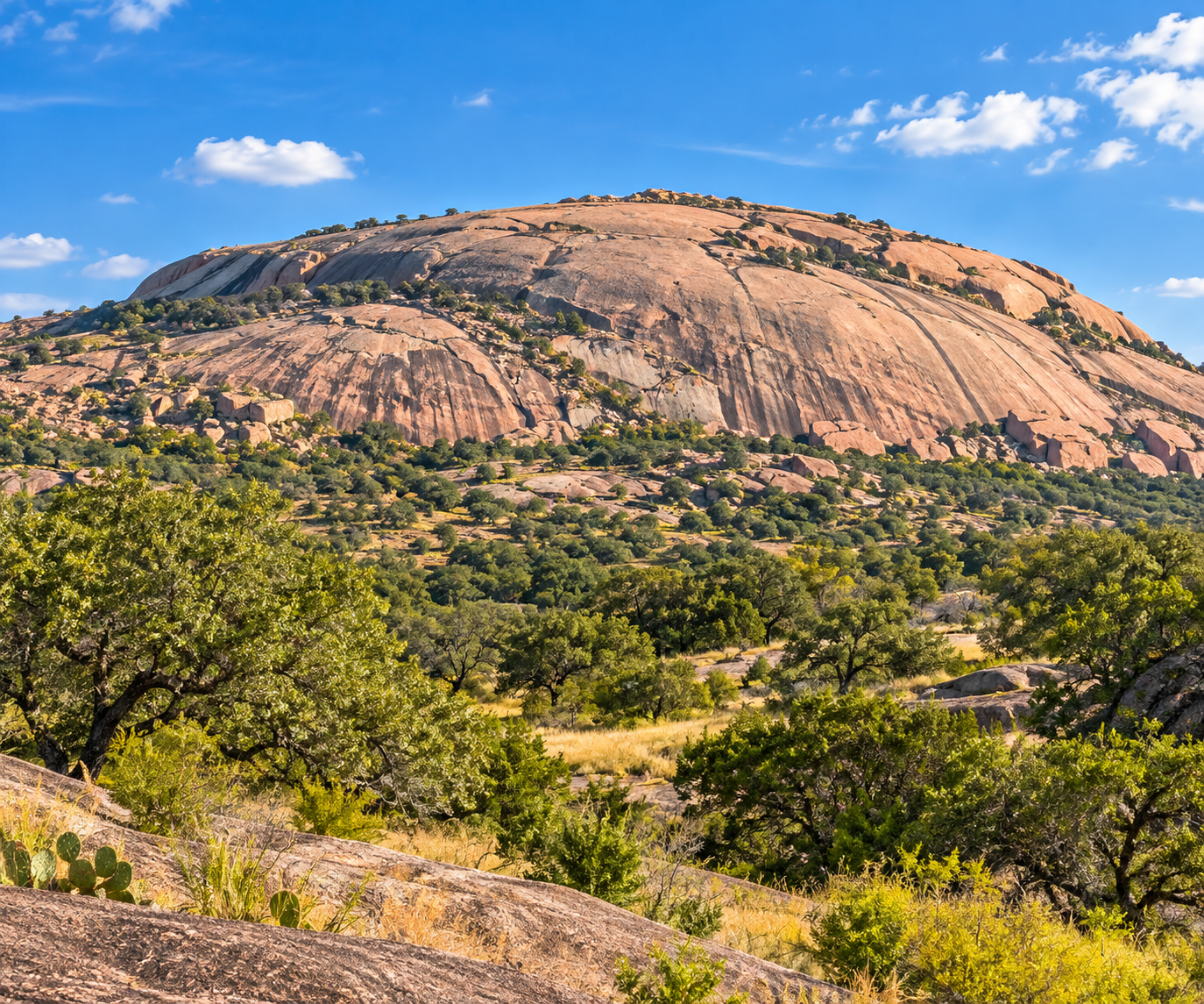 Enchanted Rock's pink granite dome rising above the native Texas Hill Country landscape