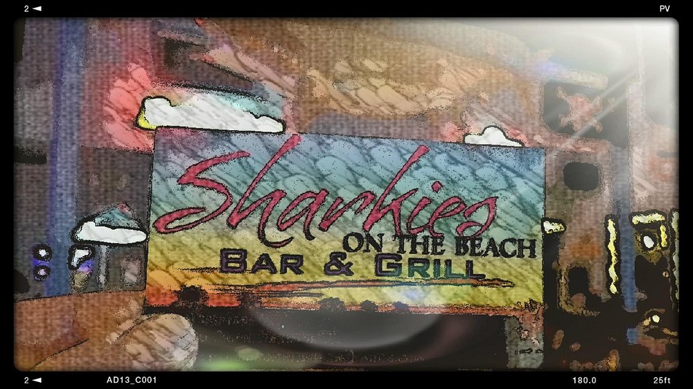 Sharkies on the Beach Bar and Grill sign in Surfside Beach, Texas